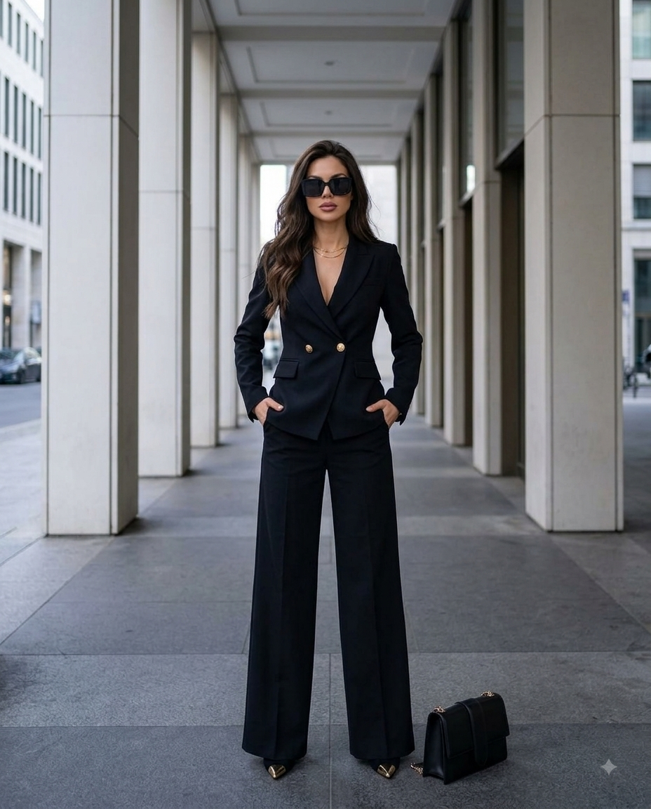 Eleganter Hosenanzug mit Zweireiher – taillierte Jacke und Palazzohose
