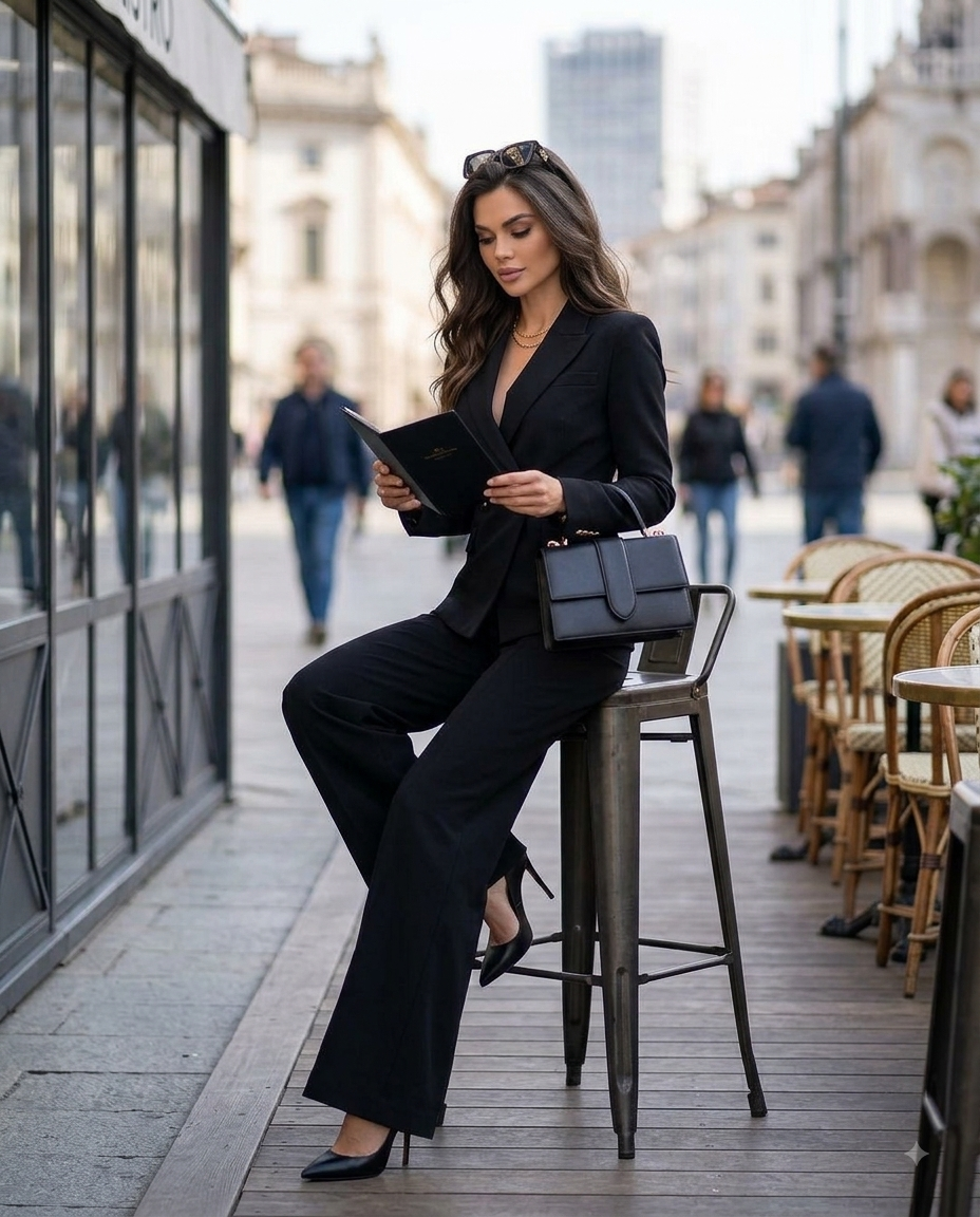 Eleganter Hosenanzug mit Zweireiher – taillierte Jacke und Palazzohose