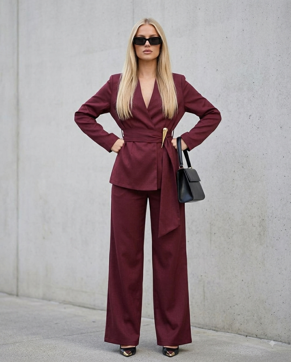 Set Bordeaux Satin mit Kimono-Stil – Blazer mit V-Ausschnitt und Palazzo-Hose
