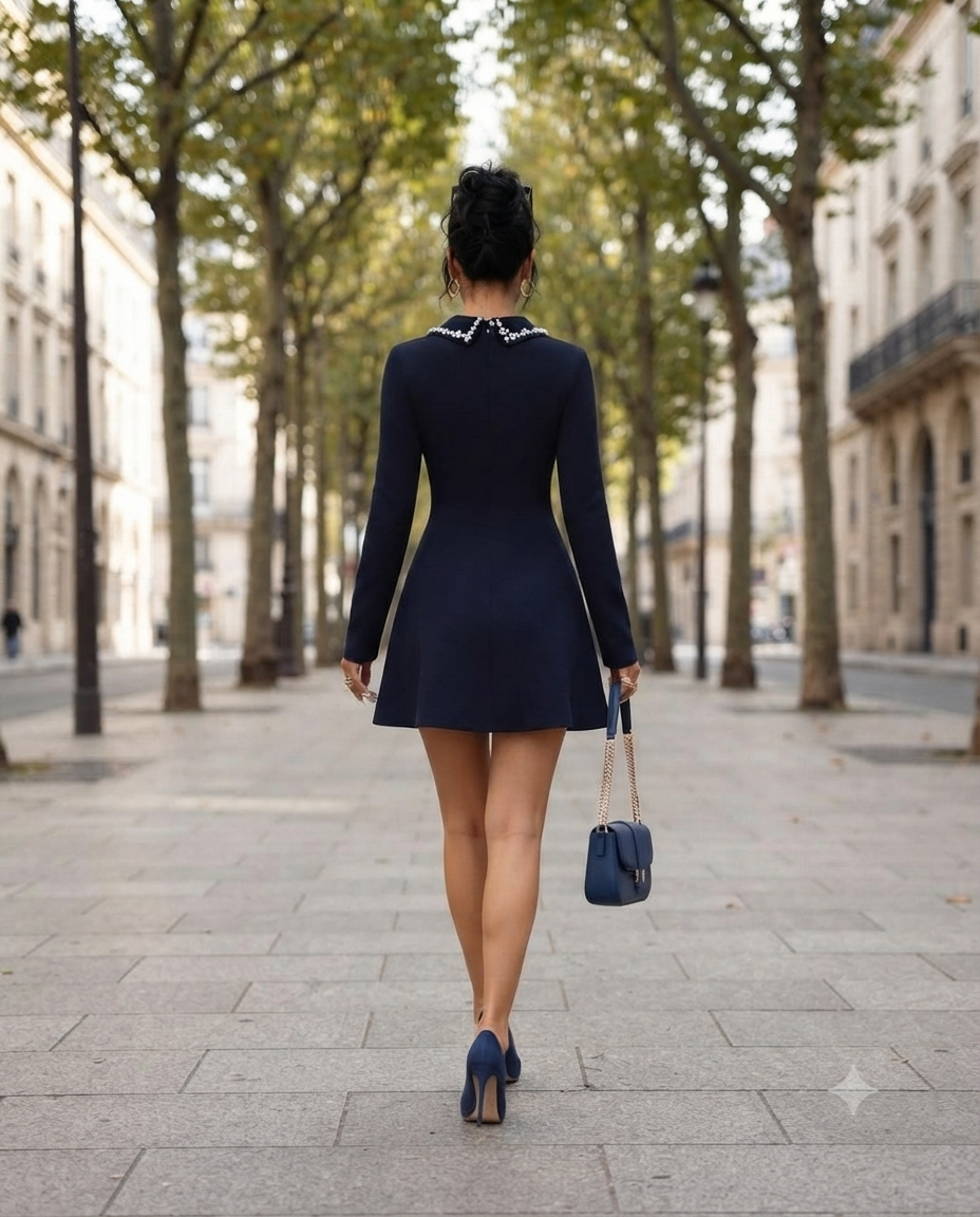 Robe Courte Patineuse à Manches Longues et Col Perlé