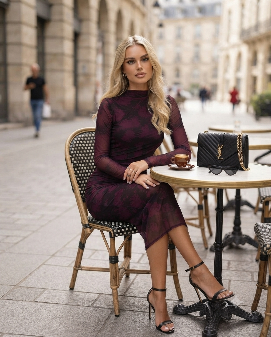 Abito Midi in Mesh con Stampa Astratta Sfumata e Collo Alto