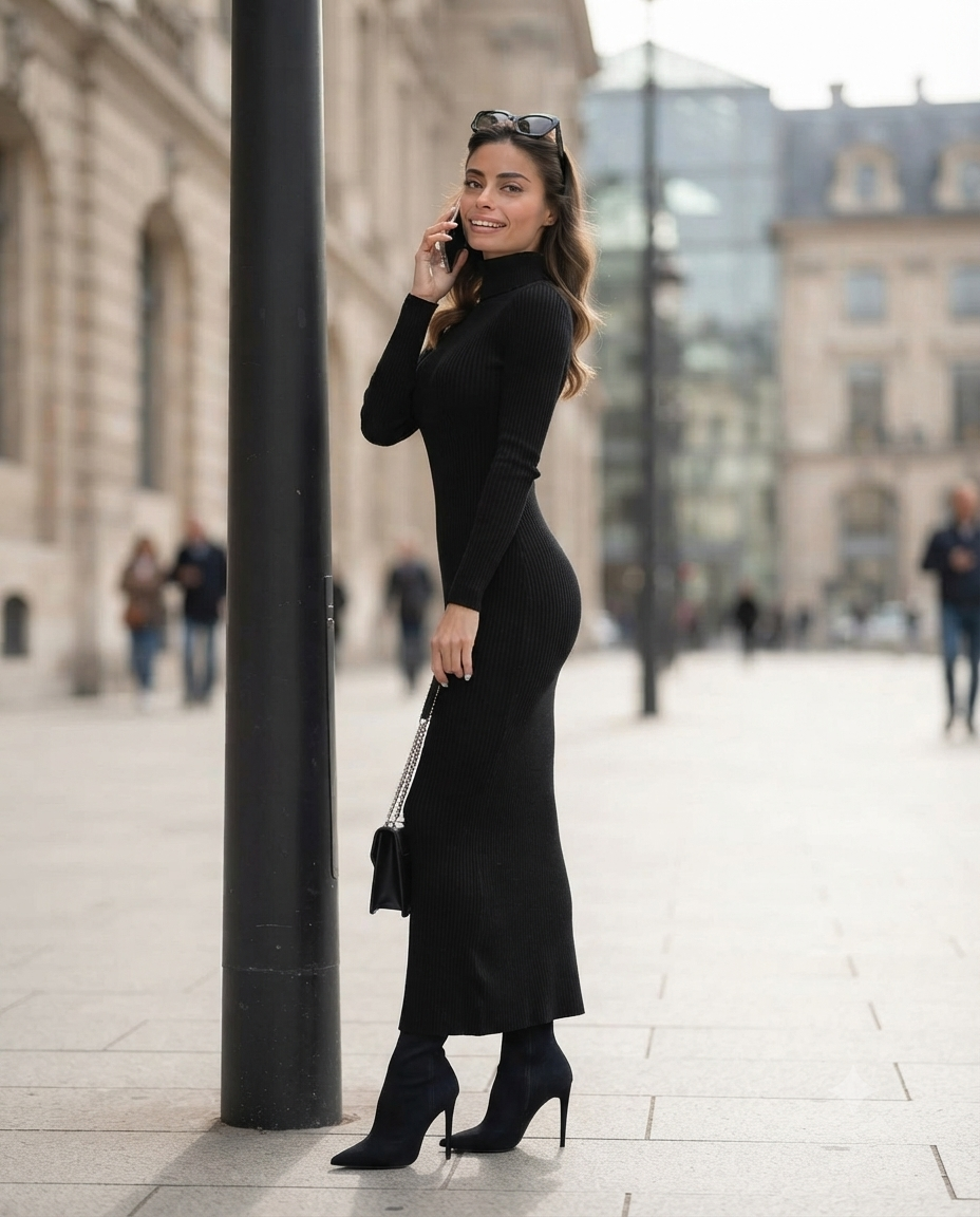Robe longue tube en maille côtelée à col roulé