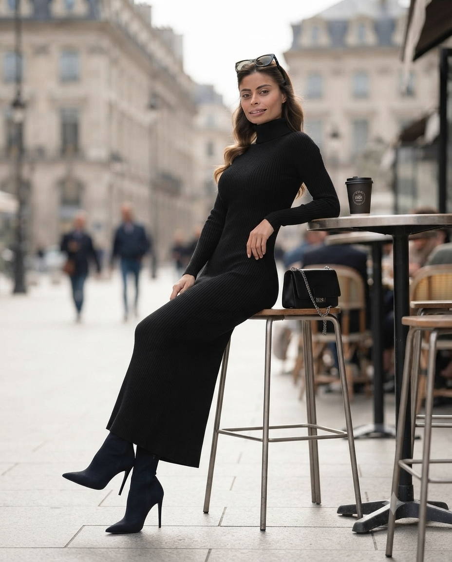 Robe longue tube en maille côtelée à col roulé
