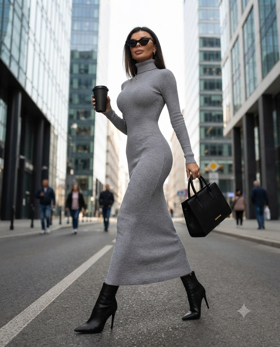 Robe longue fourreau gris chiné en maille côtelée à col roulé