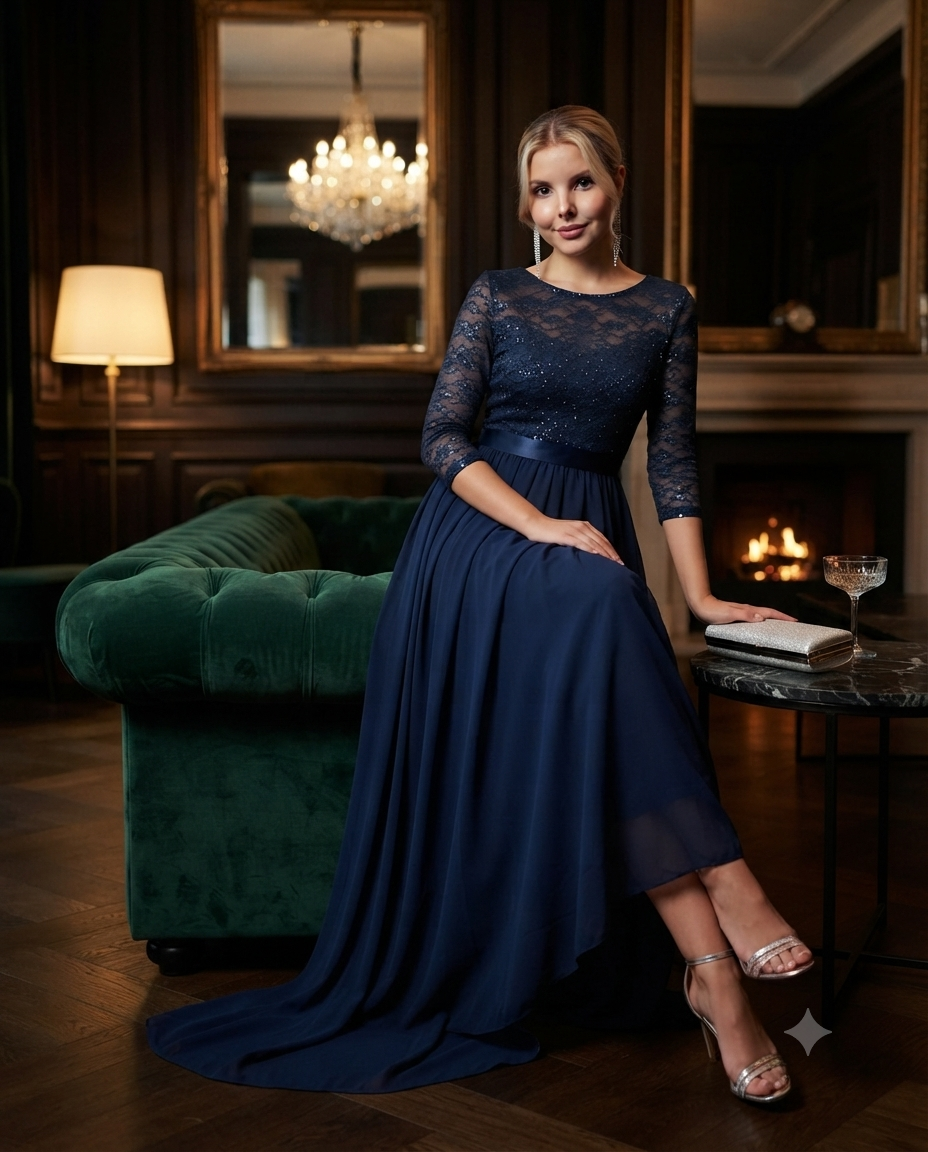 Robe longue de soirée en mousseline de soie bleu nuit avec corsage en dentelle et paillettes