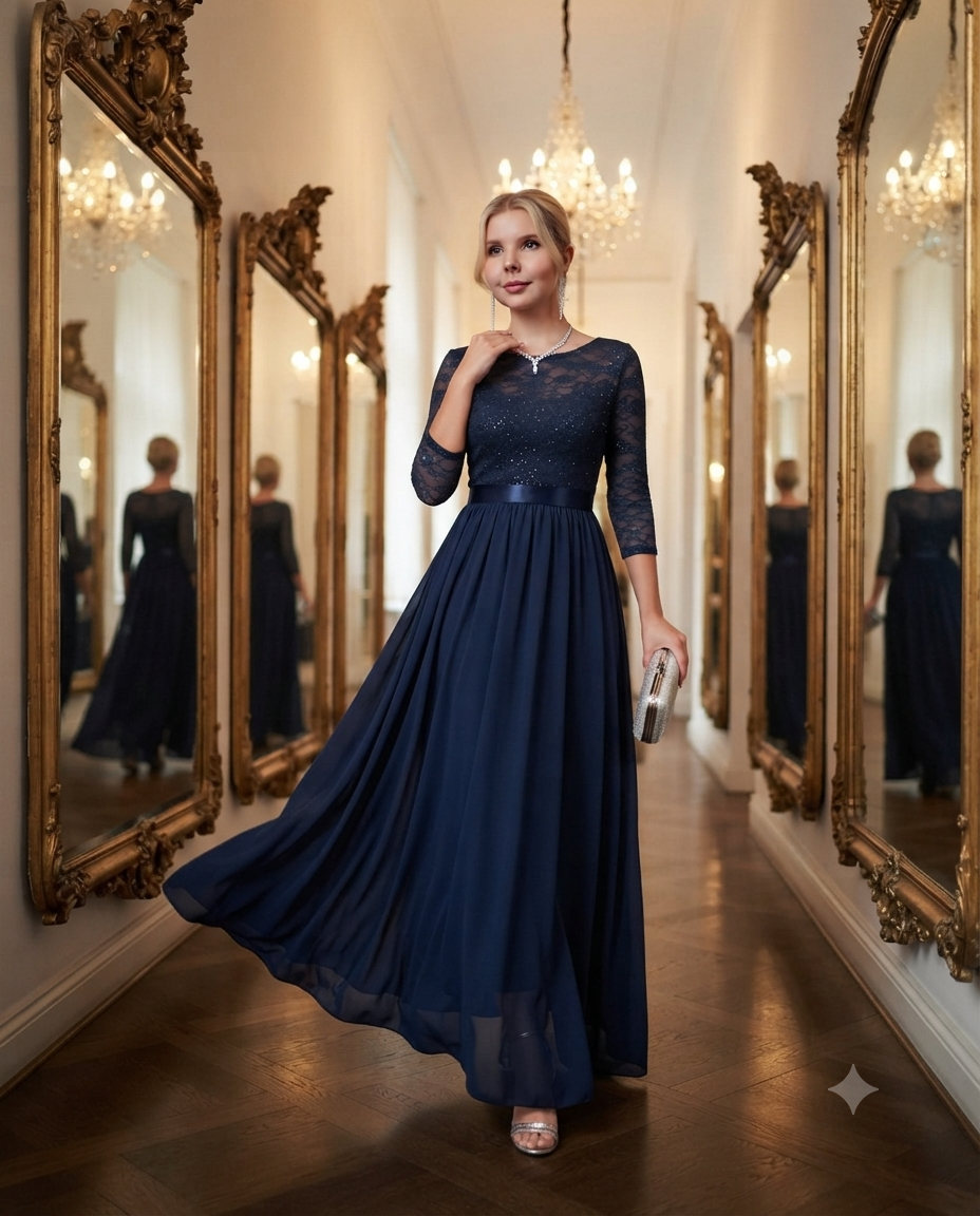 Robe longue de soirée en mousseline de soie bleu nuit avec corsage en dentelle et paillettes
