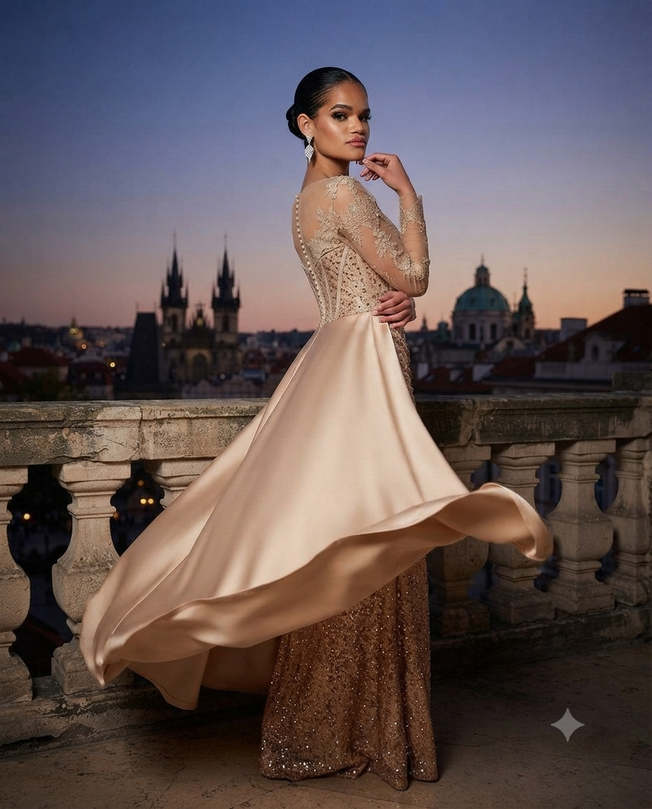 Robe longue de soirée sirène à paillettes, dentelle et surjupe en satin