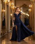 Robe longue de soirée sirène à paillettes, dentelle et surjupe en satin
