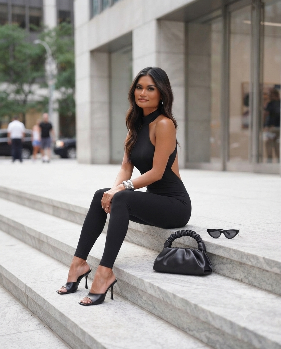 Tuta Intera Aderente Nera American Neck – Jumpsuit Halter con Schiena Scoperta