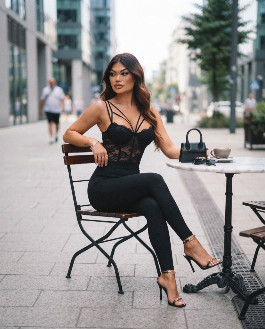 Combinaison moulante noire avec bustier en dentelle - Jumpsuit Bustier Élégante