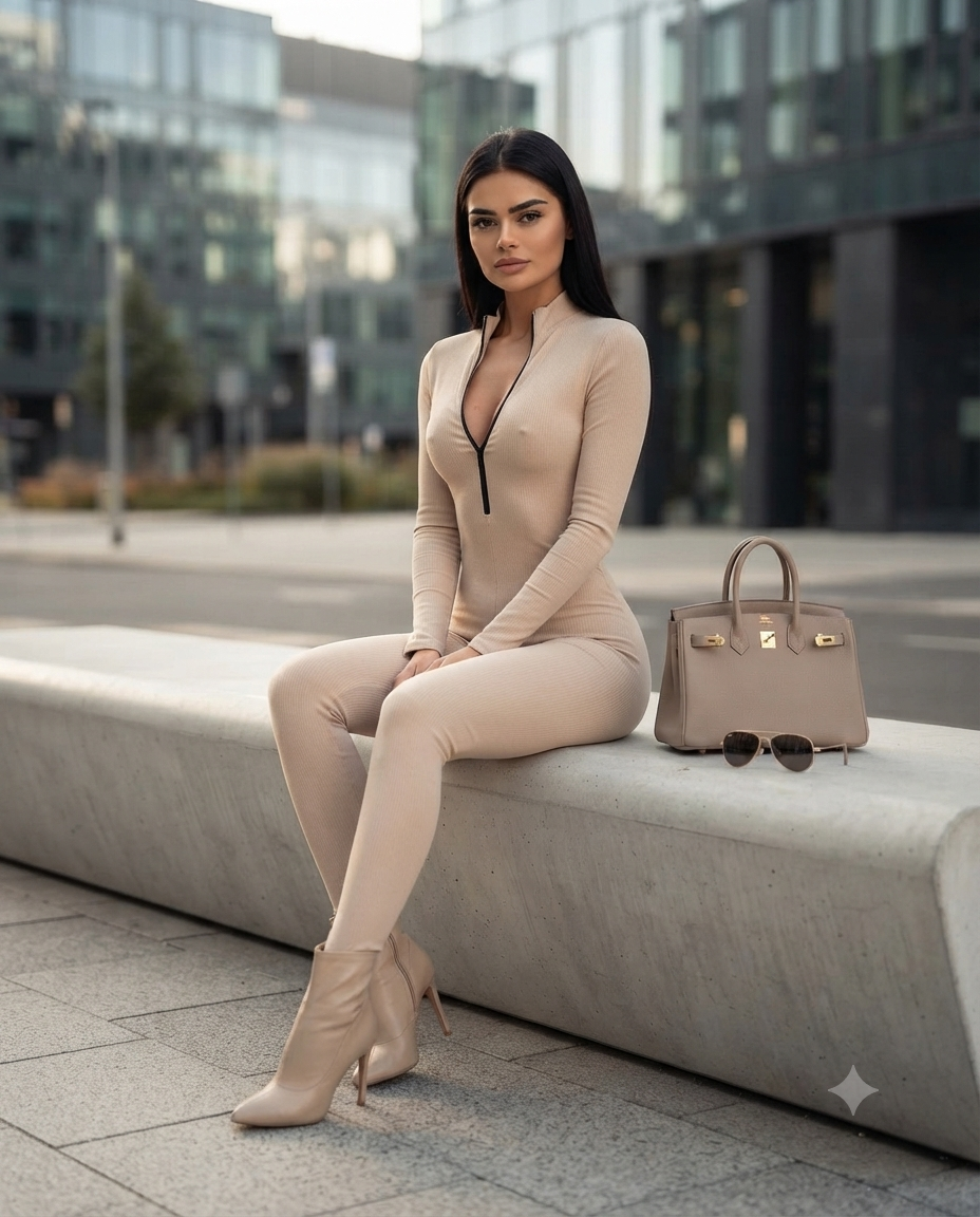 Gerippter Overall mit Reißverschluss – Sportlich-schicker, gerippter Stretch-Jumpsuit