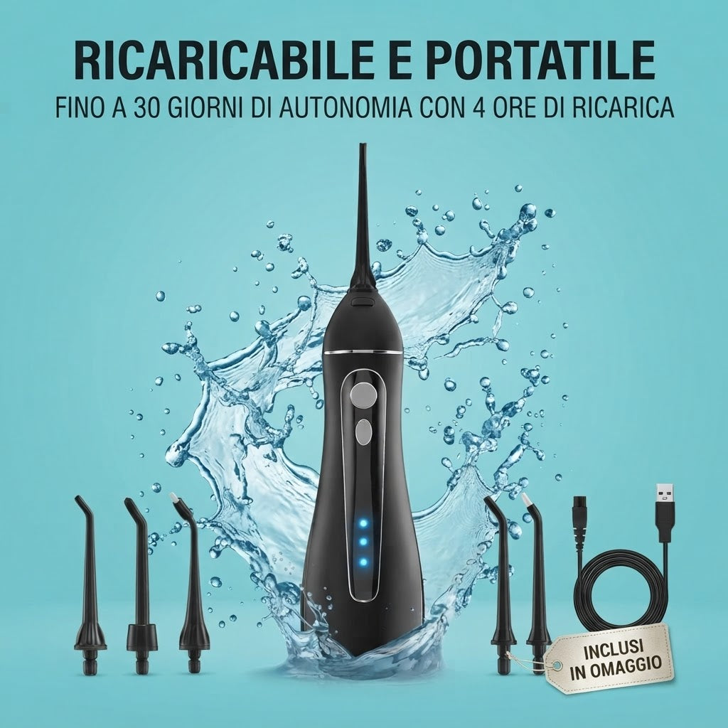 Idropulsore Dentale Portatile Ricaricabile – 4 Modalità, 11 Intensità, IPX7 Waterproof