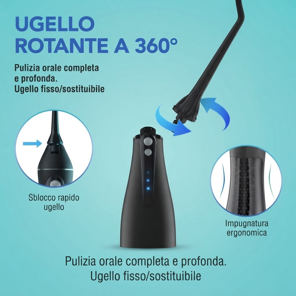 Idropulsore Dentale Portatile Ricaricabile – 4 Modalità, 11 Intensità, IPX7 Waterproof