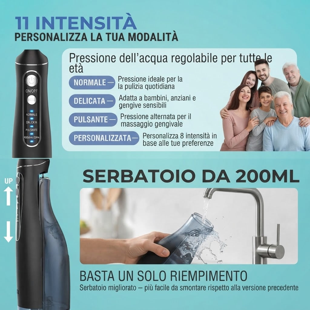 Idropulsore Dentale Portatile Ricaricabile – 4 Modalità, 11 Intensità, IPX7 Waterproof