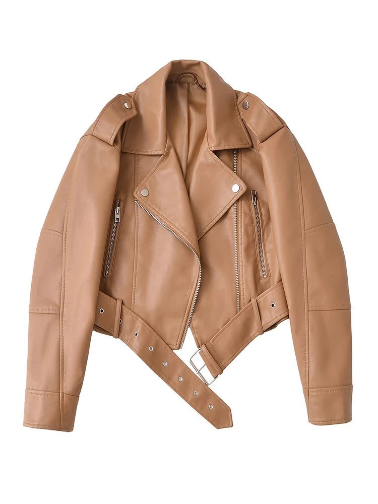 Blouson court femme en simili cuir Collection Printemps avec ceinture et fermeture éclair et col à revers – Coupe confortable