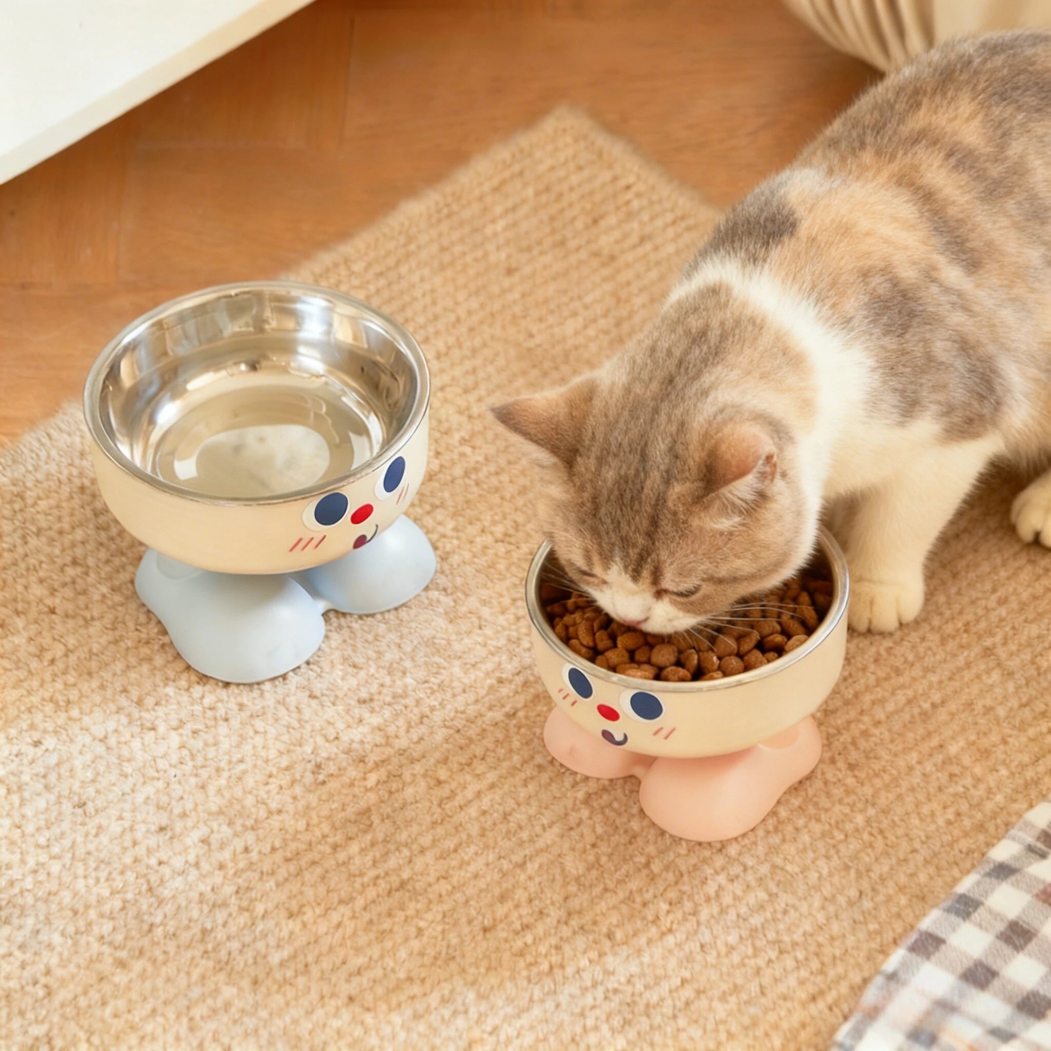 Ciotola rialzata per cani e gatti in acciaio inossidabile con simpatico musetto