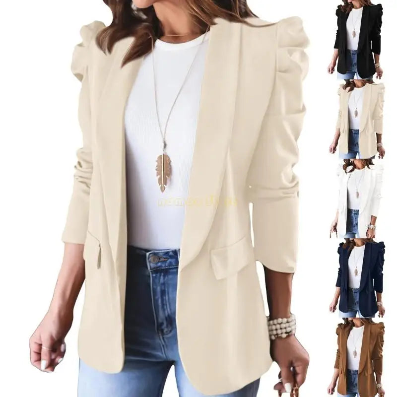 Veste décontractée pour femme Printanière avec manches bouffantes et col à revers