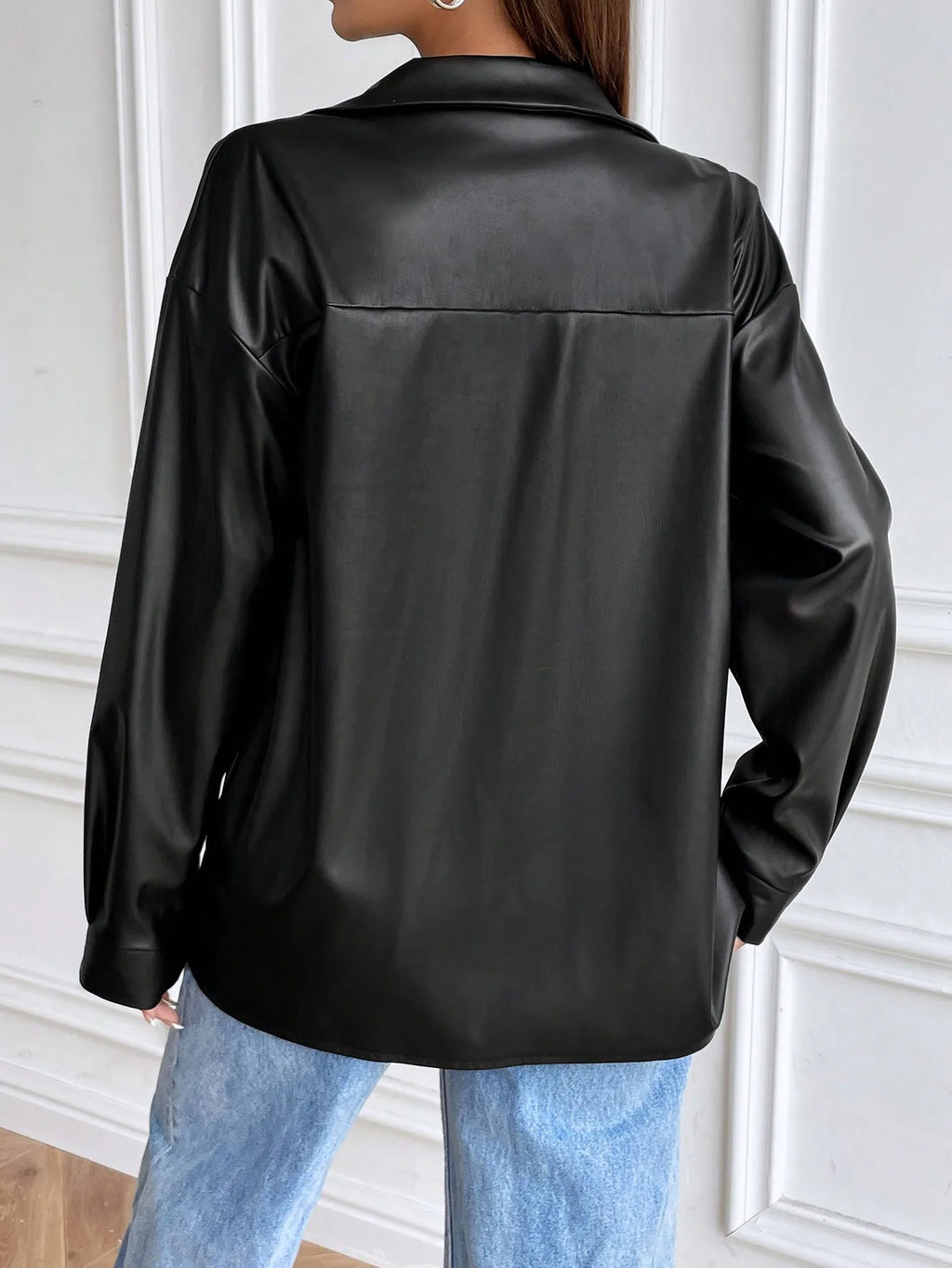 Blouson femme en similicuir noir avec col à revers – Manches longues style casual street