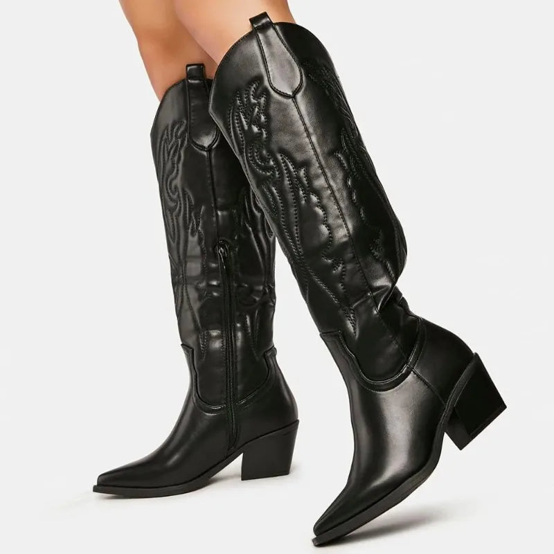 Knielange Stiefel im schwarzen Western-/Cowgirl-Vintage-Stil
