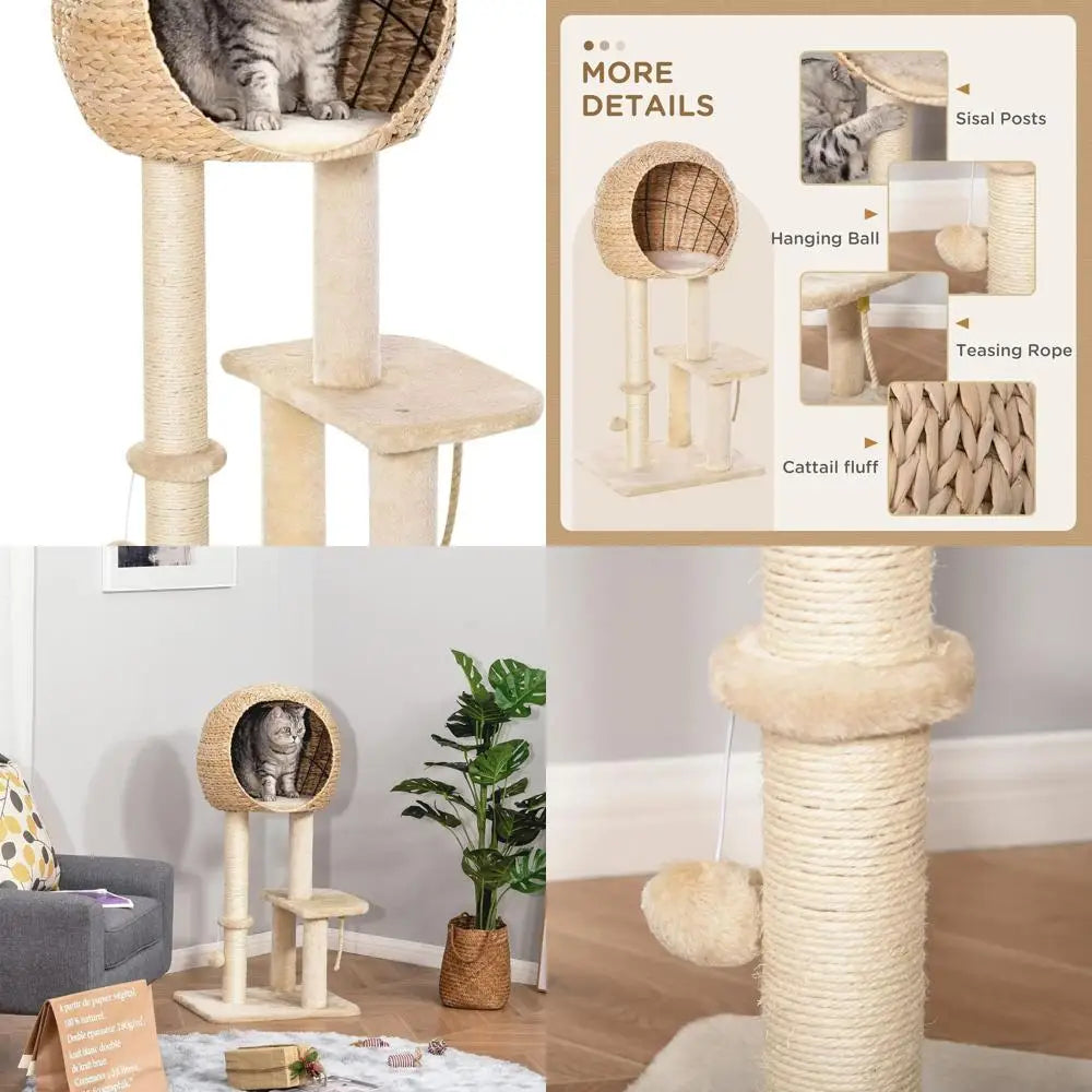 Tiragraffi per gatti  beige  1M con palo in sisal, cuccia e corda sospesa.