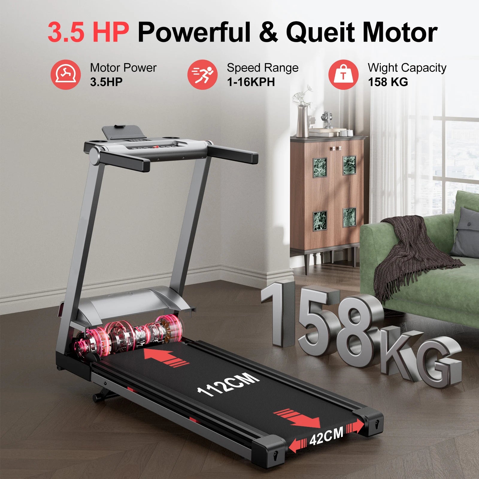 Tapis roulant pliable pour la maison avec inclinaison, moteur de 3,5 CV, Walking Pad avec guidon et support, capacité de 158 kg (350 LBS), écran tactile et suivi des données via application intelligente.