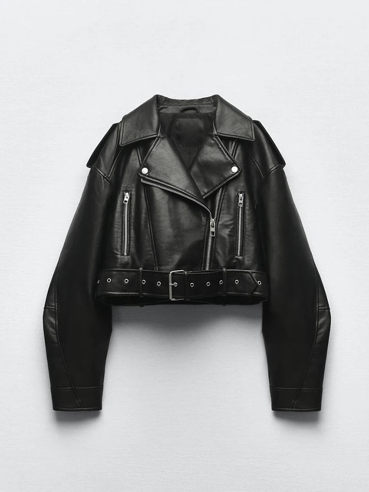 Blouson court femme en simili cuir Collection Printemps avec ceinture et fermeture éclair et col à revers – Coupe confortable