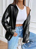 Blouson femme en similicuir noir avec col à revers – Manches longues style casual street