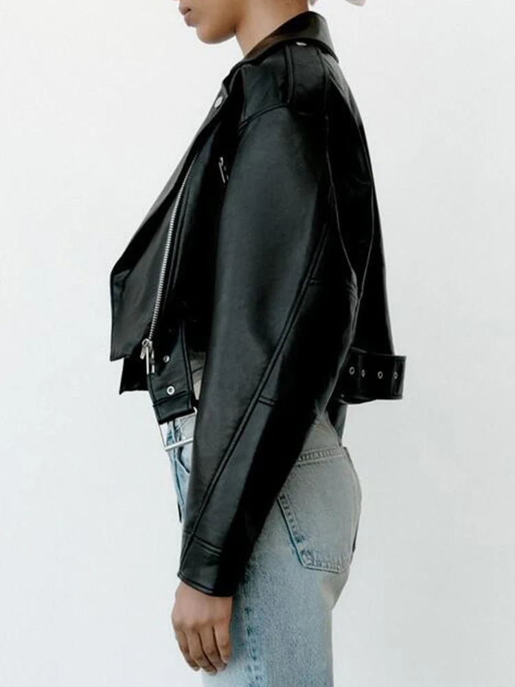 Blouson court femme en simili cuir Collection Printemps avec ceinture et fermeture éclair et col à revers – Coupe confortable