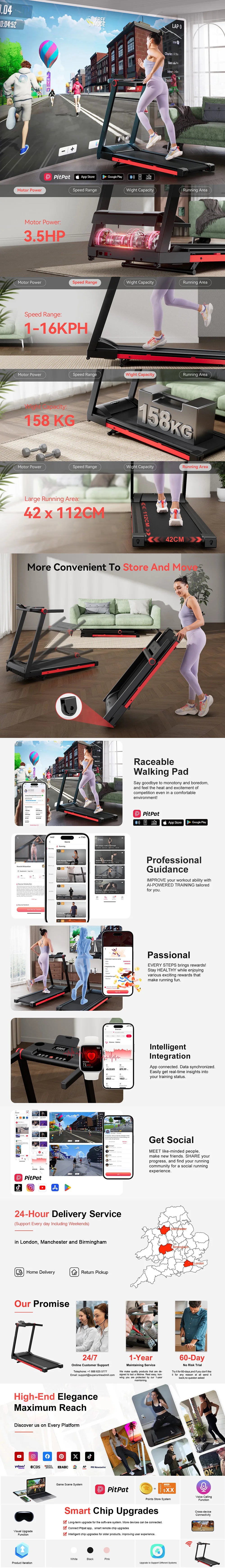 Tapis roulant pliable pour la maison avec inclinaison, moteur de 3,5 CV, Walking Pad avec guidon et support, capacité de 158 kg (350 LBS), écran tactile et suivi des données via application intelligente.