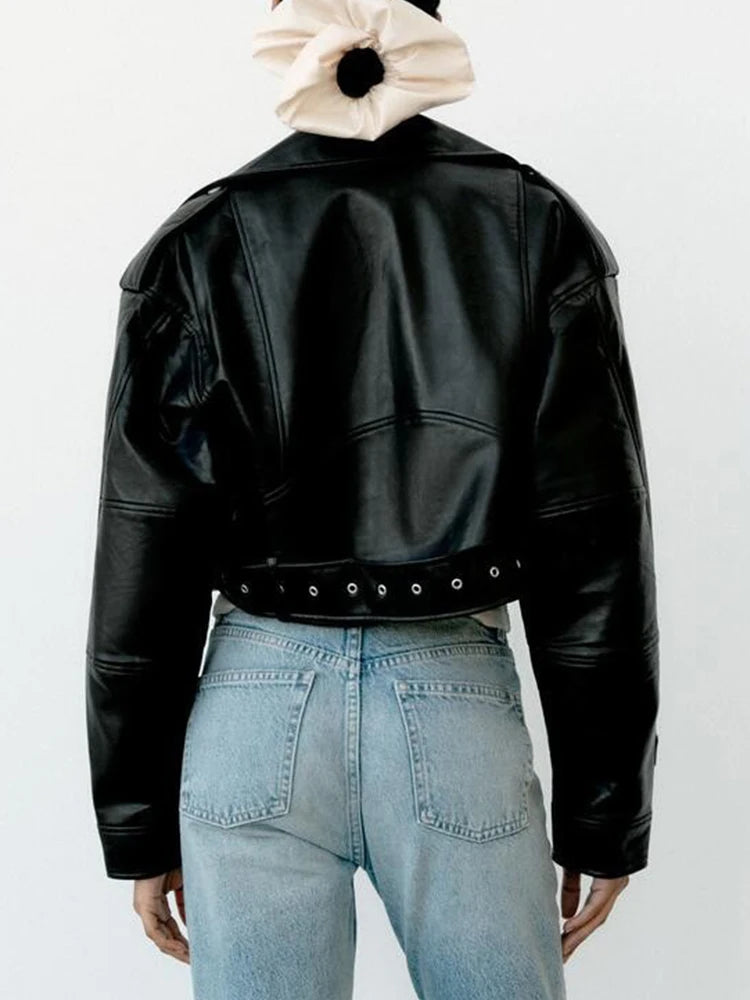 Blouson court femme en simili cuir Collection Printemps avec ceinture et fermeture éclair et col à revers – Coupe confortable
