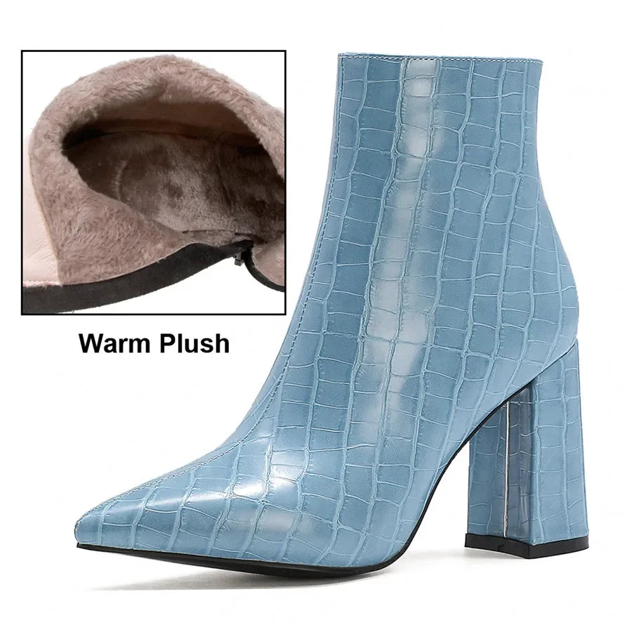 Bottines effet croco Talon carré haut, bout effilé