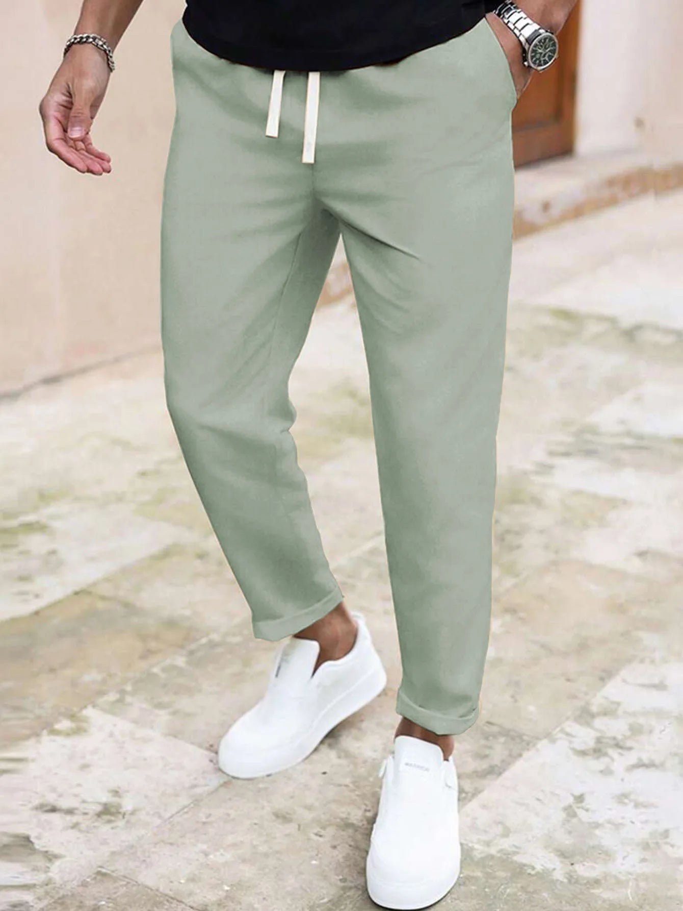 Pantalon décontracté slim fit uni avec cordon de serrage et poches