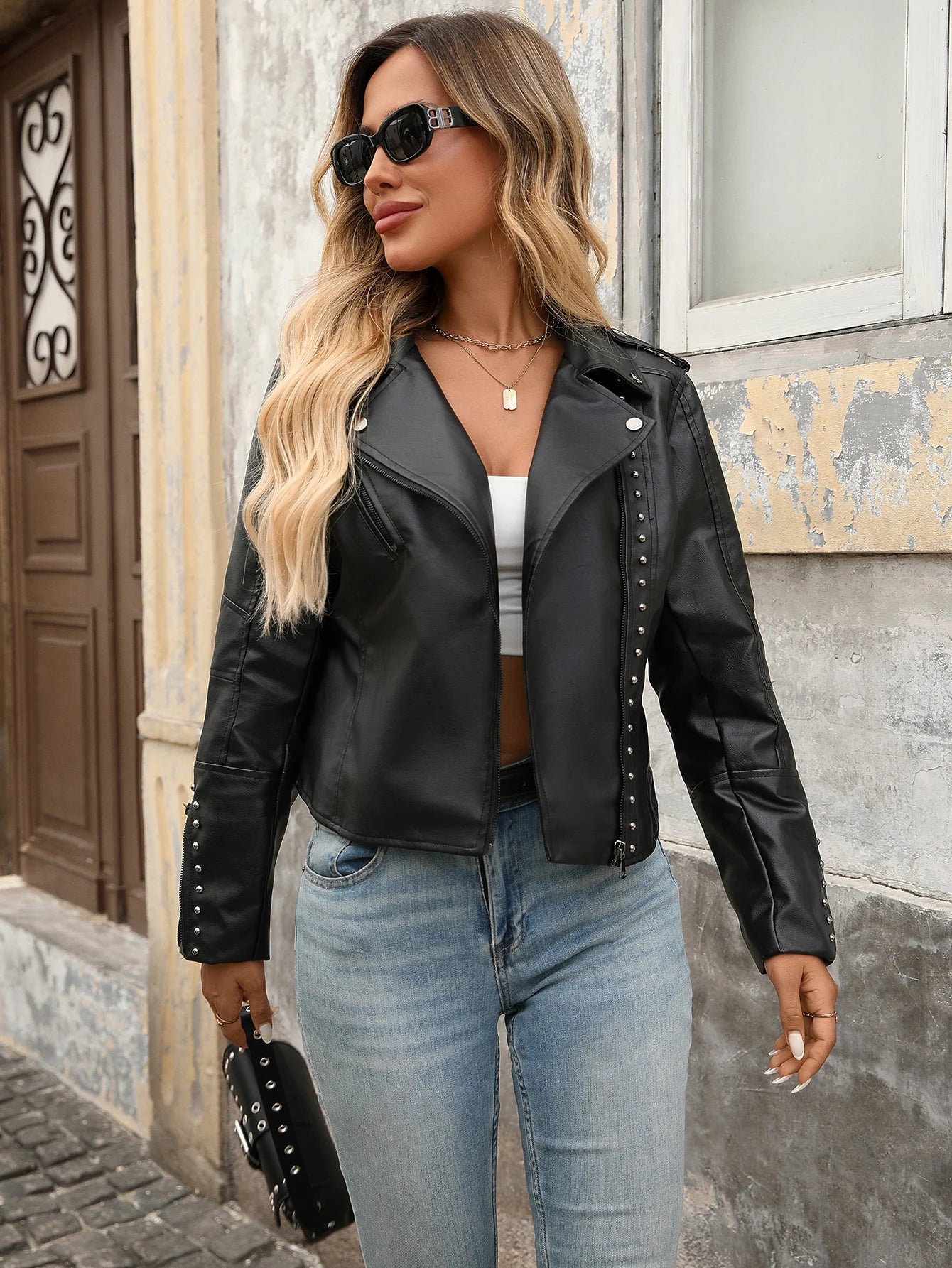 Damen-Kunstlederjacke im Punk-Biker-Stil