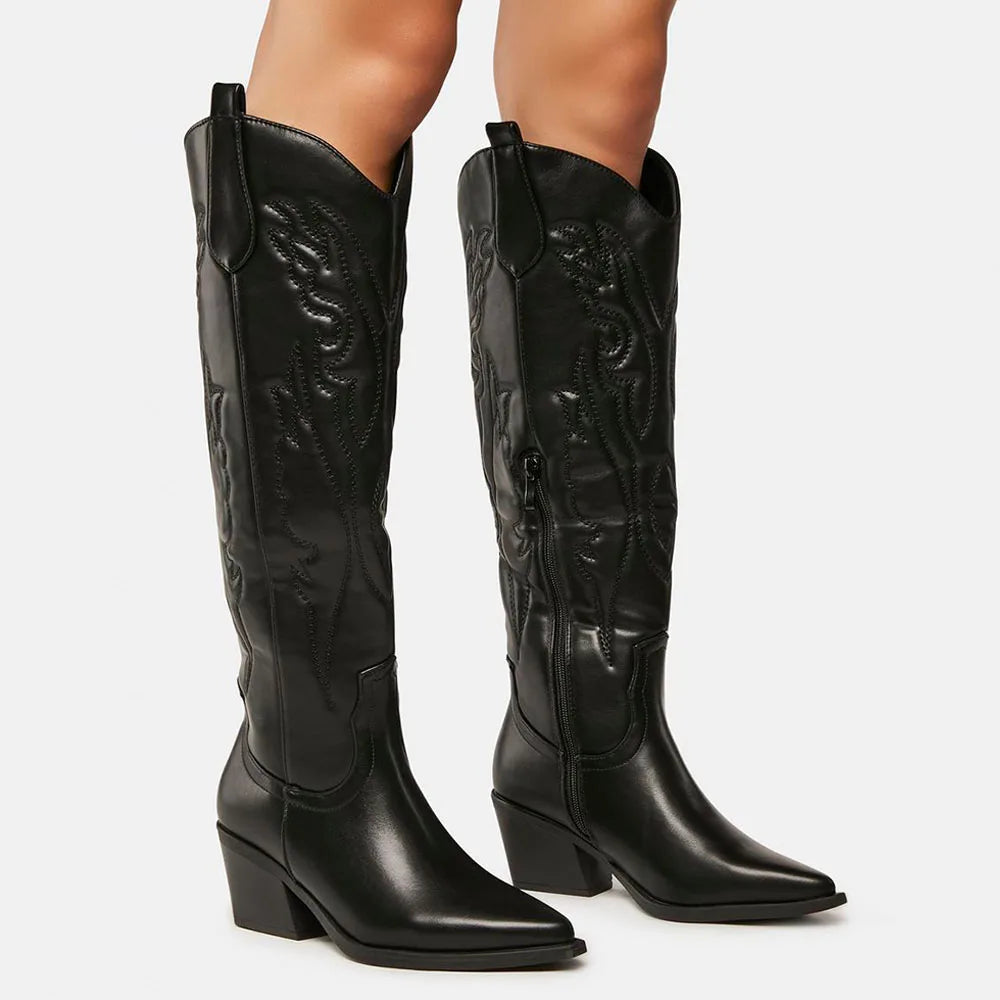 Knielange Stiefel im schwarzen Western-/Cowgirl-Vintage-Stil
