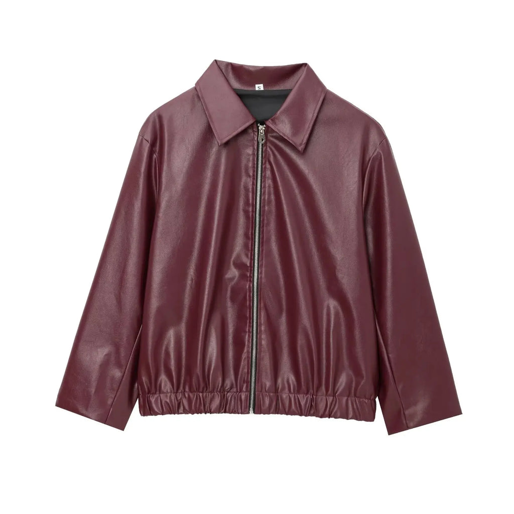 Blouson en similicuir bordeaux zippé avec col à revers
