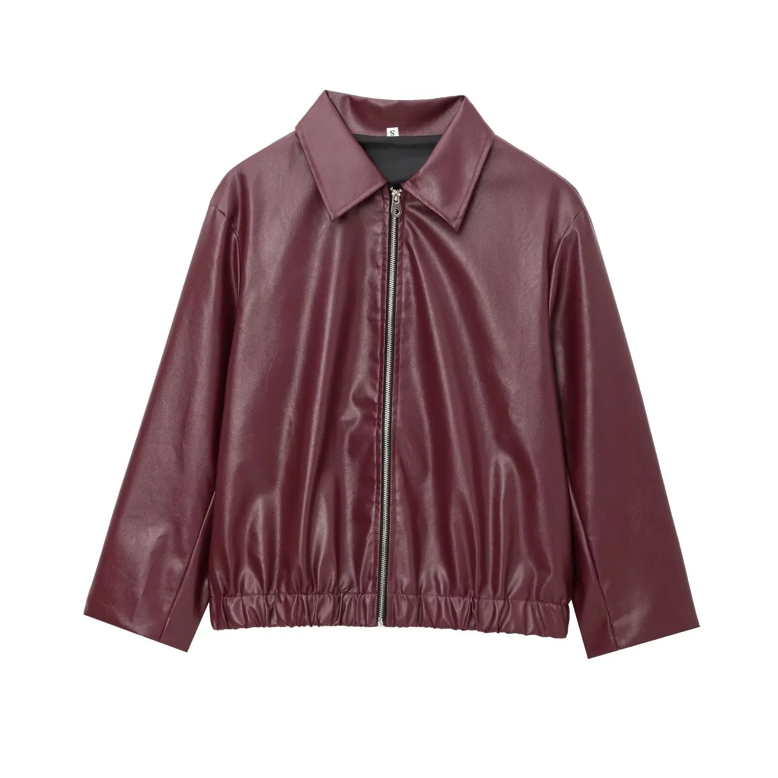 Weinrote Kunstlederjacke mit Reißverschluss und Reverskragen