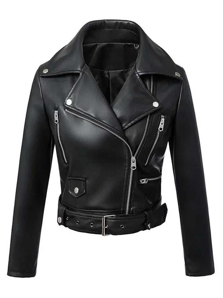 Giacca da donna in ecopelle nera stile Moto Biker – Collezione Primaverile con cintura e cerniera