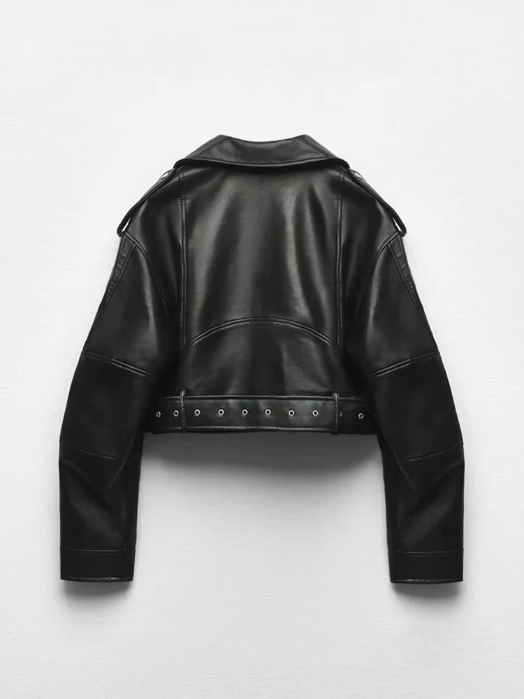 Blouson court femme en simili cuir Collection Printemps avec ceinture et fermeture éclair et col à revers – Coupe confortable