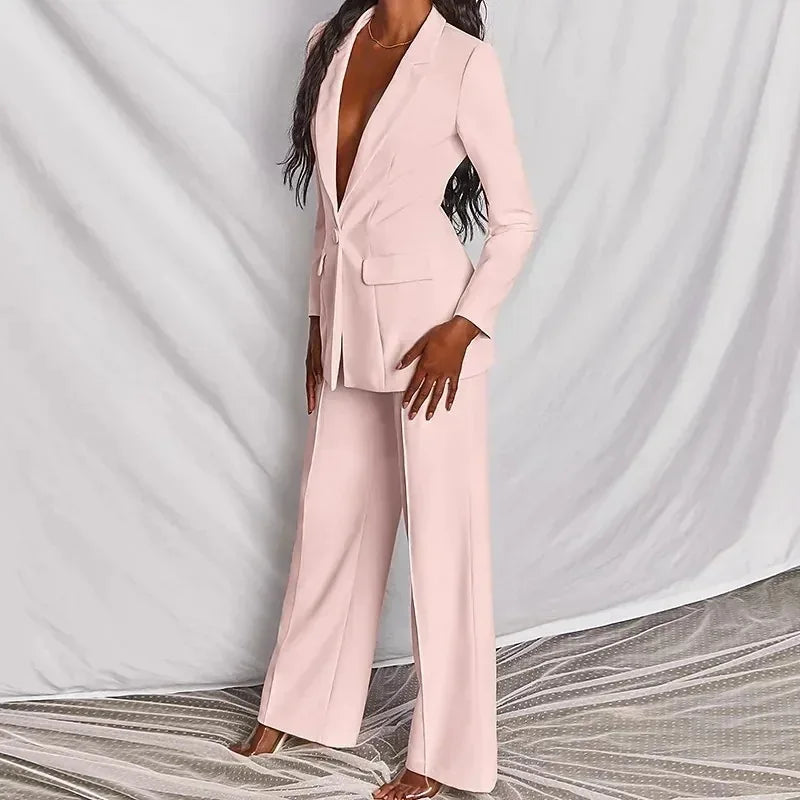Ensemble deux pièces de blazer et pantalon pour femme, ample, en solde, à manches longues, avec bouton et col à revers