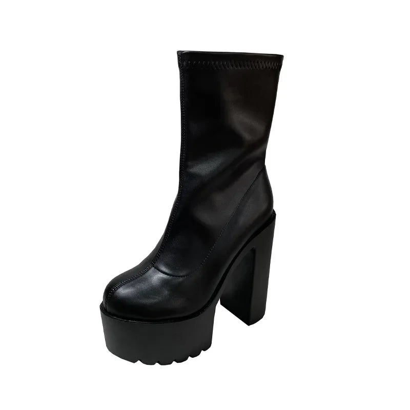 Bottines sexy pour femme noires avec talon haut de 14 cm, plateforme et talon large.