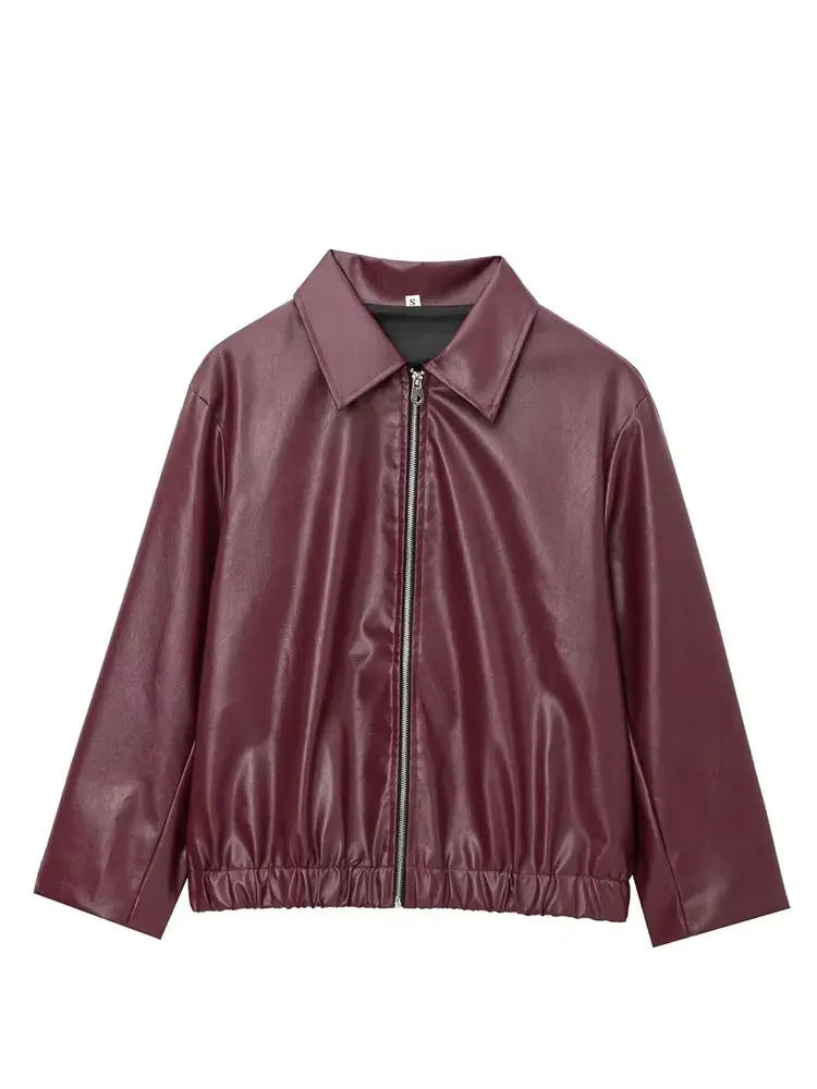 Blouson en similicuir bordeaux zippé avec col à revers