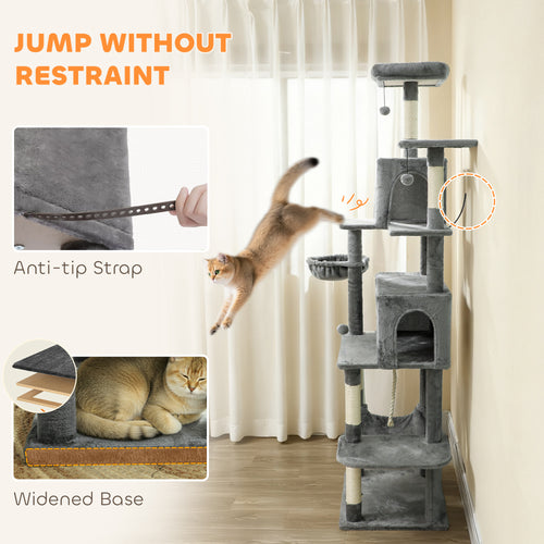 Albero per gatti Feandrea, altezza 112 cm/143 cm, torre per gatti, con 4 tiragraffi, 2 piattaforme, 1 grotta, 1 amaca, 2 pompon, tessuto felpato, multilivello, rosa confetto/bianco crema/grigio chiaro/grigio fumo