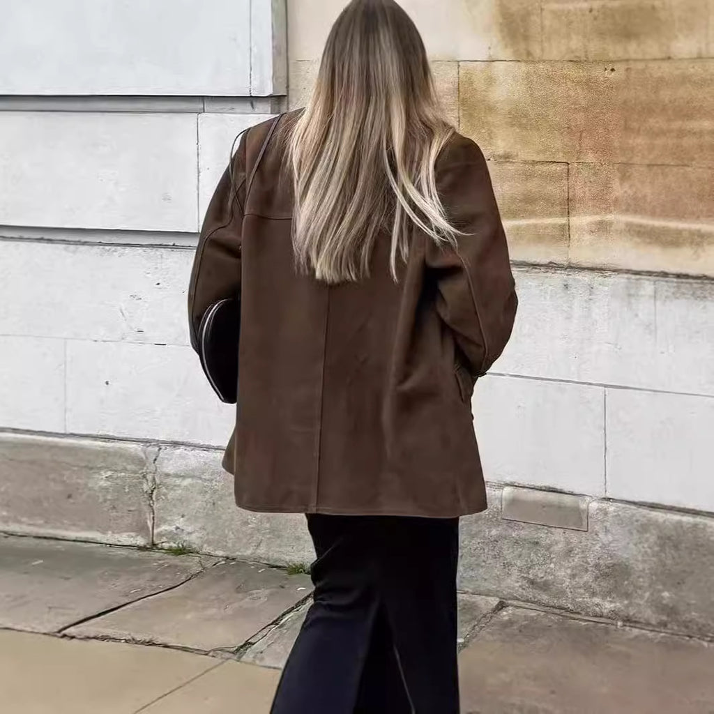 Veste femme type tailleur en faux daim, modèle décontracté