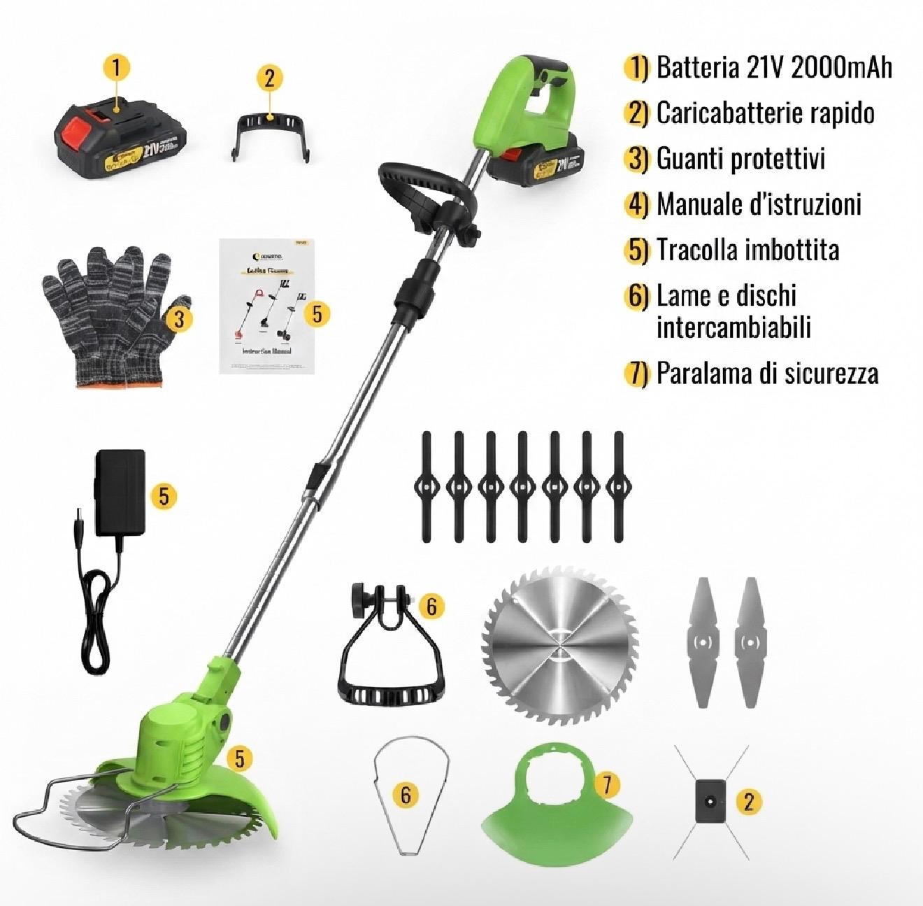 Coupe-Bordures sans Fil Professionnel 21V – Tondeuse à Gazon sans Fil avec Tête Rotative à 90°, Manche Télescopique 65-135cm et 4 Lames Interchangeables