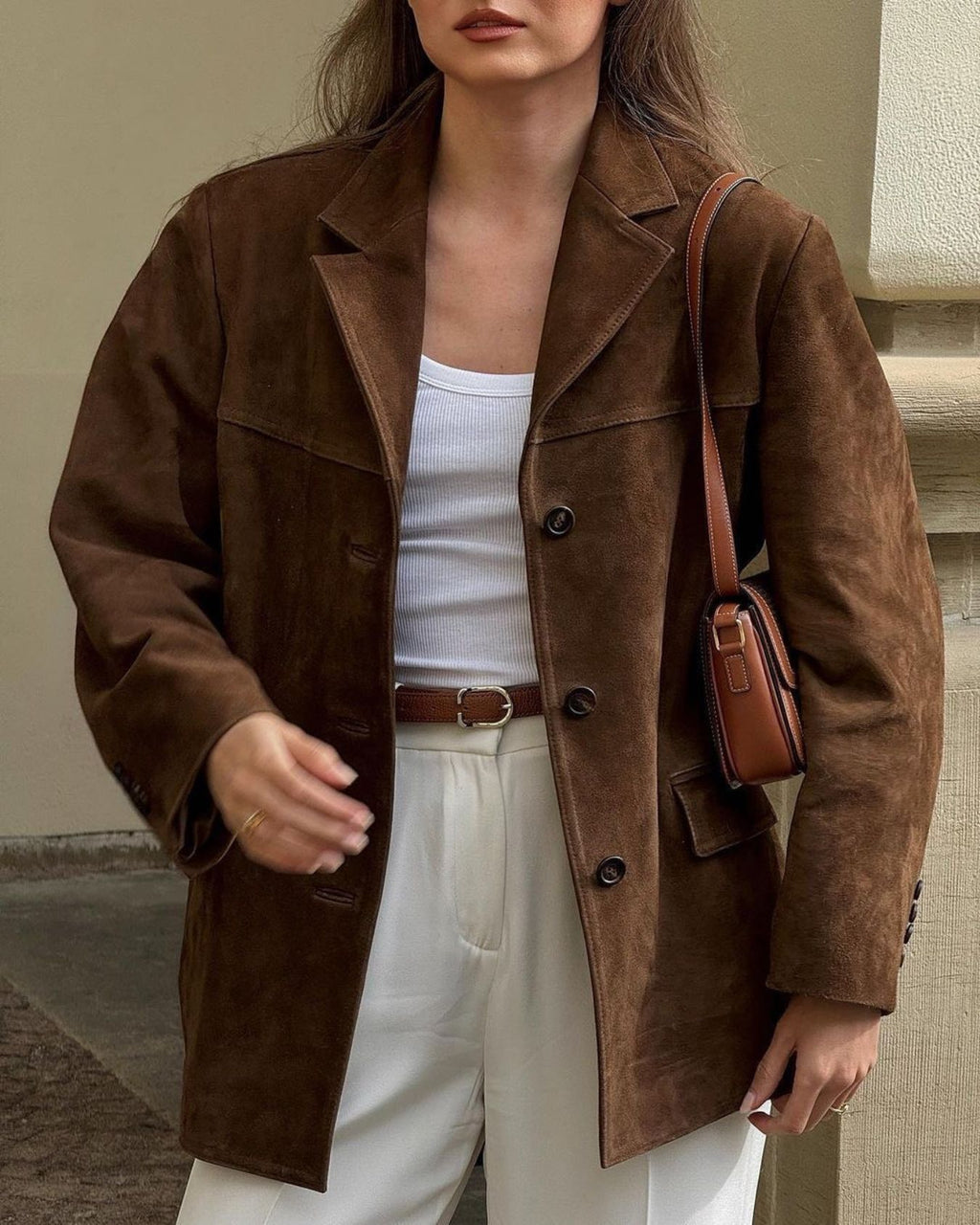 Veste femme type tailleur en faux daim, modèle décontracté