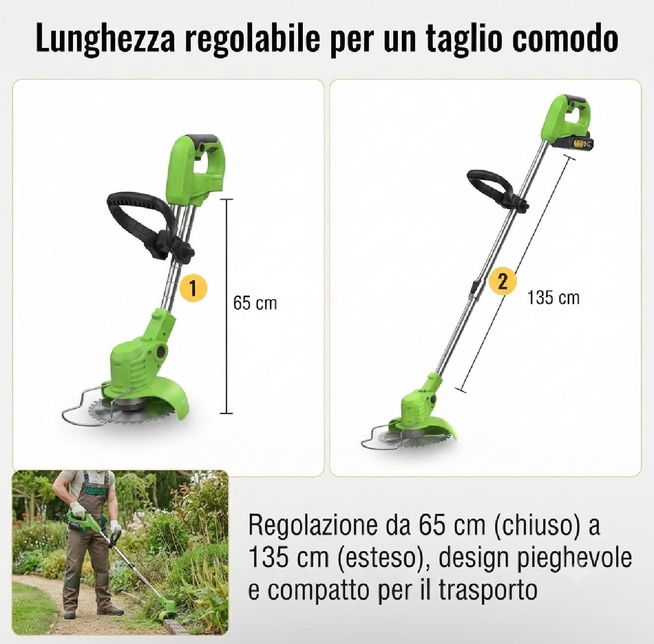 Coupe-Bordures sans Fil Professionnel 21V – Tondeuse à Gazon sans Fil avec Tête Rotative à 90°, Manche Télescopique 65-135cm et 4 Lames Interchangeables